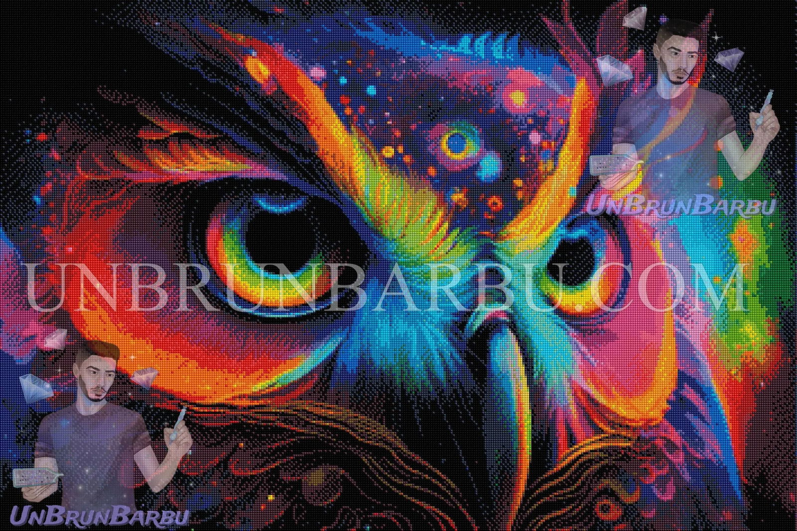 Le Regard Cosmique du Hibou Multicolore. (90cm x 60cm) - UnBrunBarbu