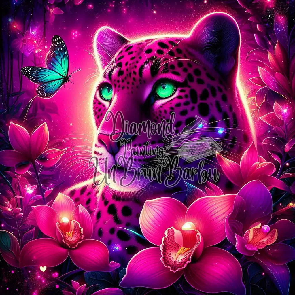 Léopard Fuchsia et le Papillon Turquoise (100cm x 100cm)