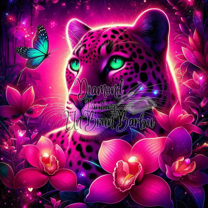 Léopard Fuchsia et le Papillon Turquoise (100cm x 100cm)