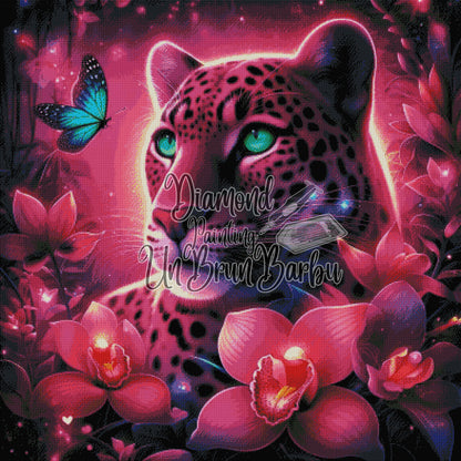 Léopard Fuchsia et le Papillon Turquoise (100cm x 100cm)