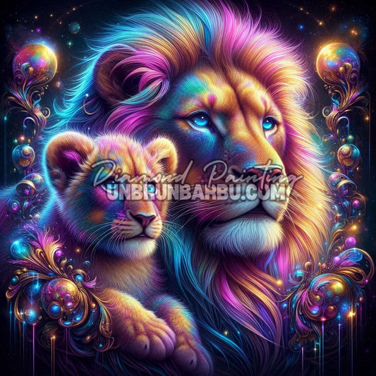 Lion et Lionceau Majesté Néon (100cm x 100cm)