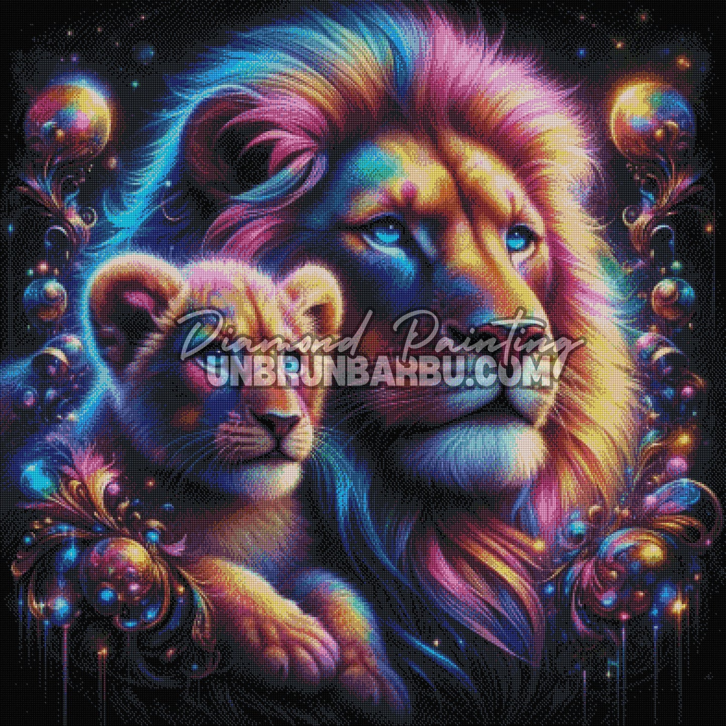 Lion et Lionceau Majesté Néon (100cm x 100cm)