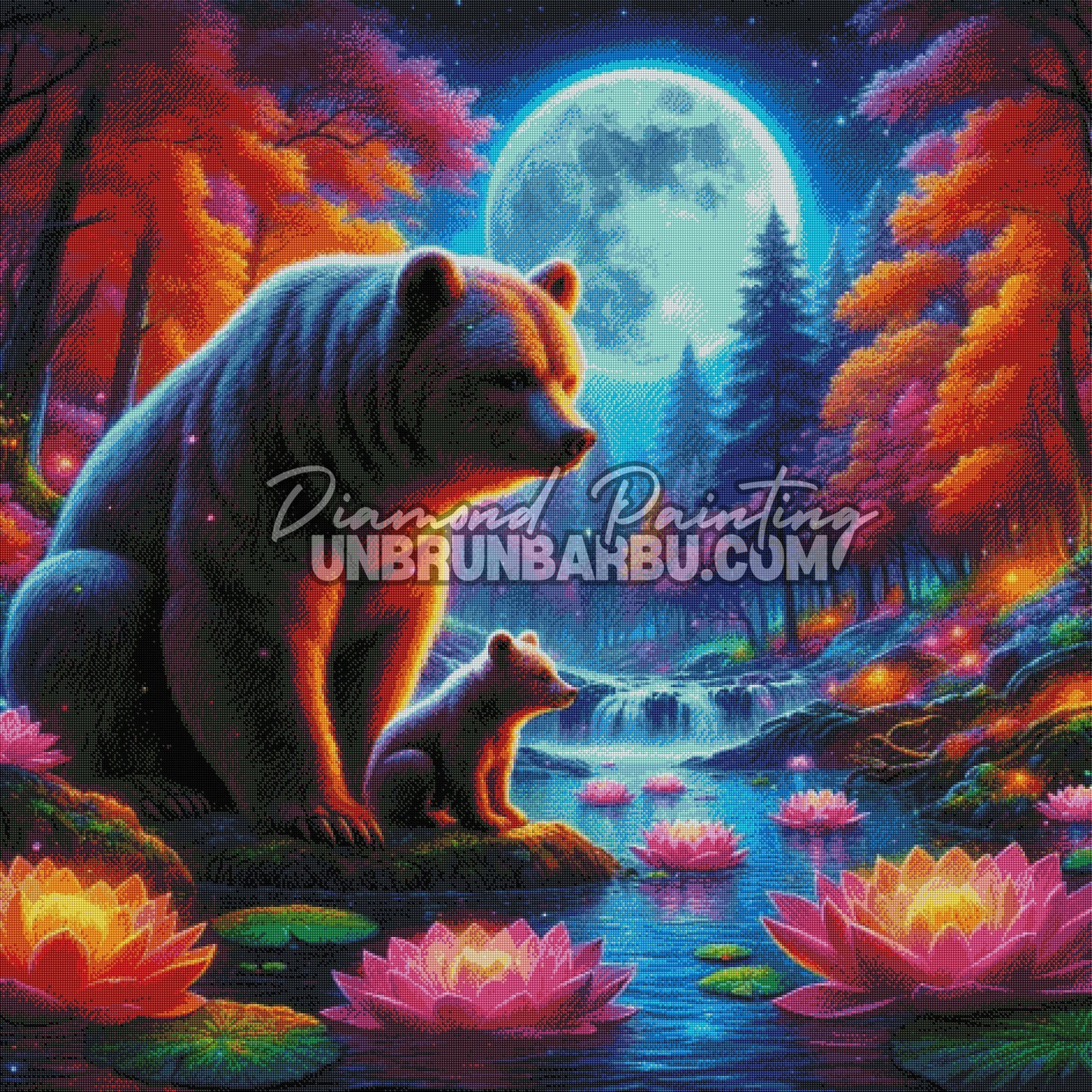 Mère et Ourson sous la Lune Bleue (120cm x 120cm)