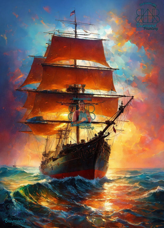 Naviguer l’Infini, Voilier Élancé, Voiles Flamboyantes. (80cm x 110cm). - UnBrunBarbu