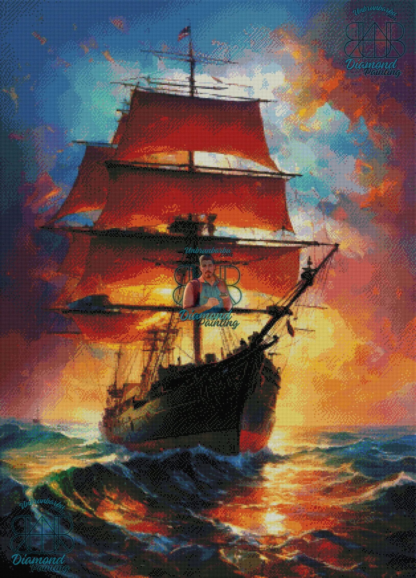 Naviguer l’Infini, Voilier Élancé, Voiles Flamboyantes. (80cm x 110cm). - UnBrunBarbu