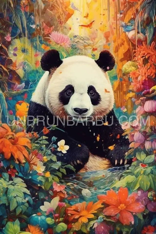 Panda Sérénité Florale. (60cm x 90cm). - UnBrunBarbu