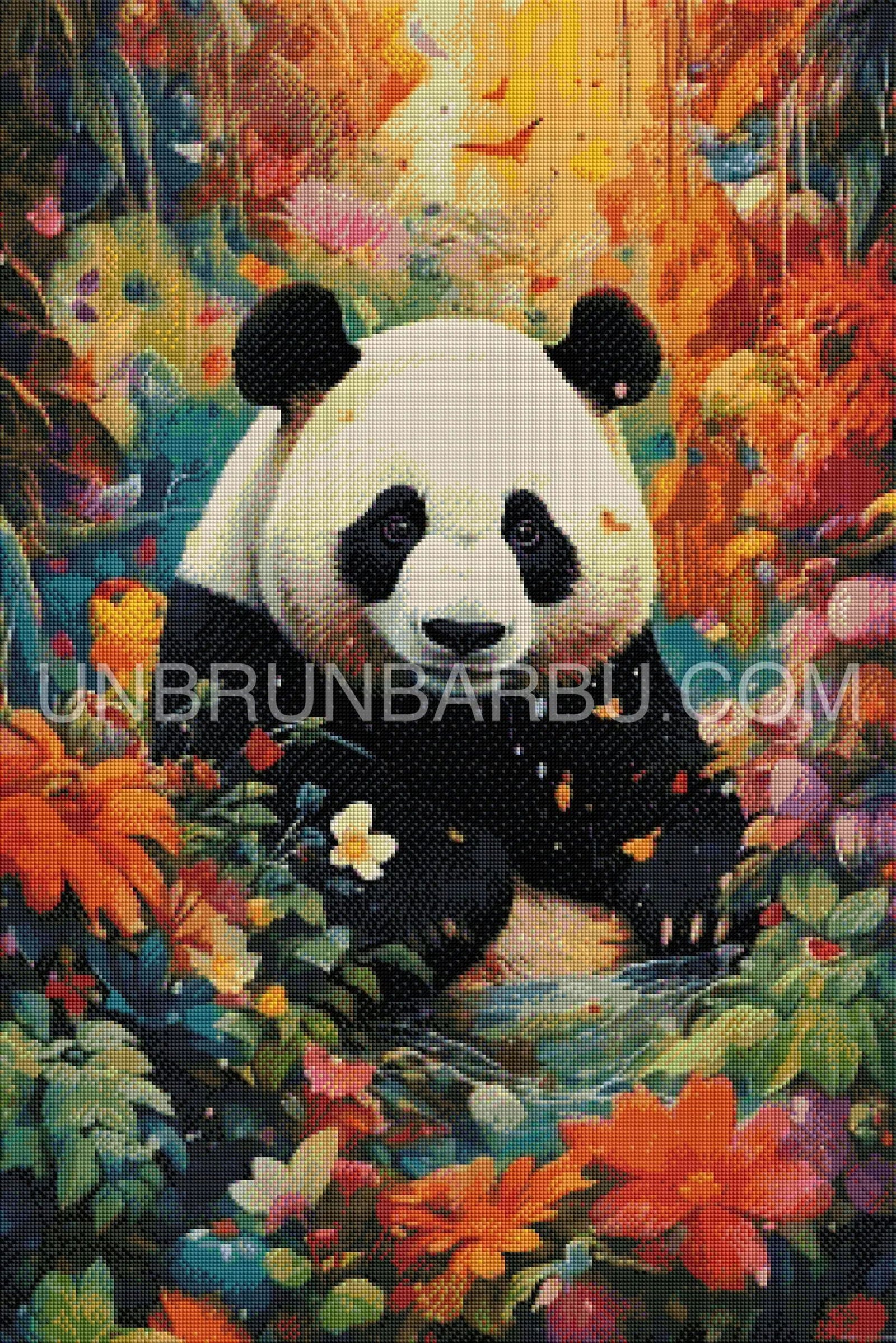 Panda Sérénité Florale. (60cm x 90cm). - UnBrunBarbu