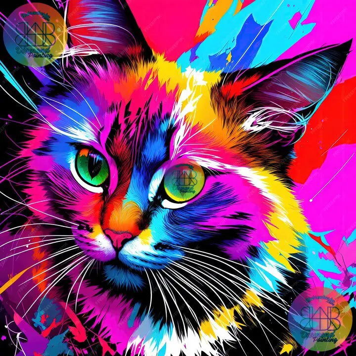 Portrait Vibrant d’un Chat Angora en Couleurs. (80cm x 80cm). - UnBrunBarbu