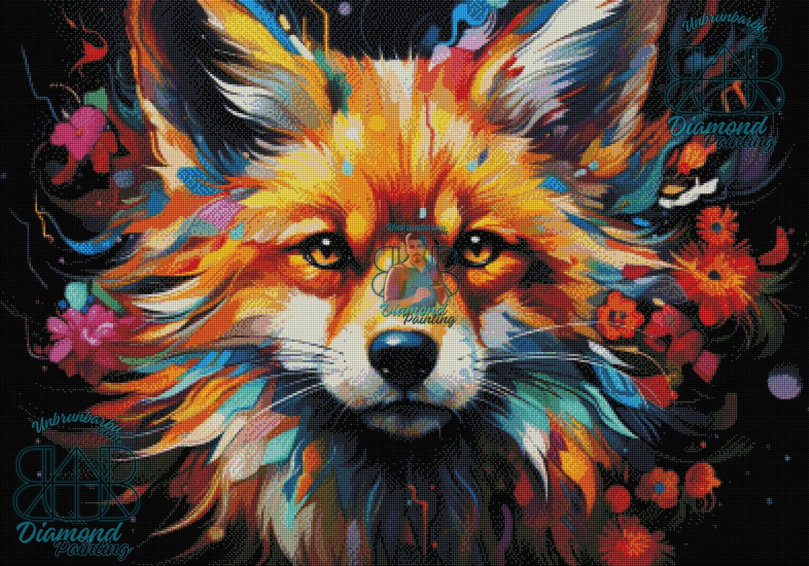 Renard en Peinture Florale. (100cm x 70cm). - UnBrunBarbu