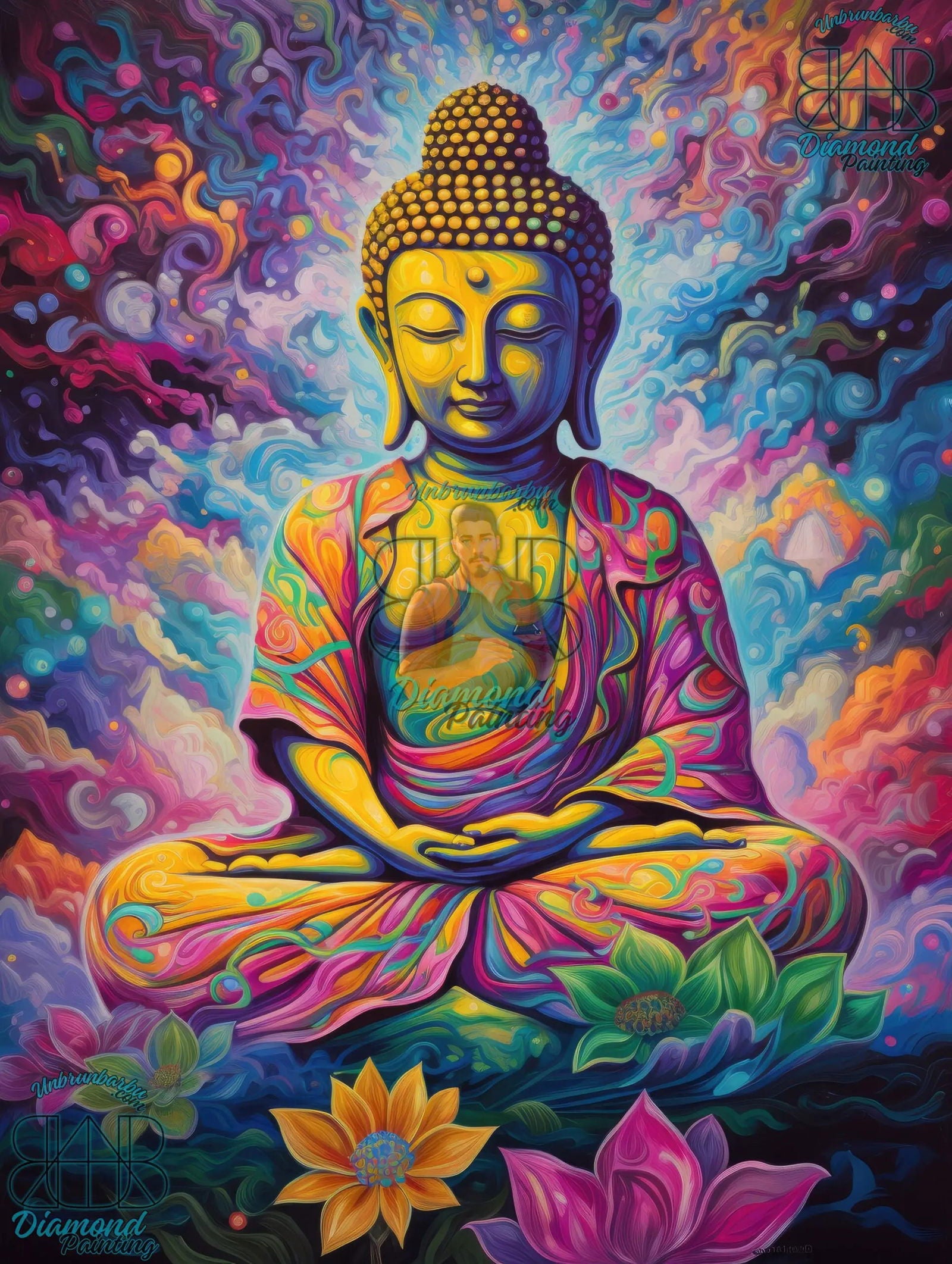 Sérénité en Éclats, Bouddha au Centre d’une Explosion de Couleurs. (80cm x 110cm). - UnBrunBarbu