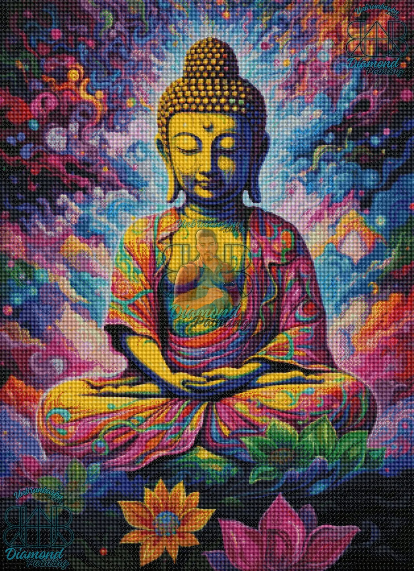 Sérénité en Éclats, Bouddha au Centre d’une Explosion de Couleurs. (80cm x 110cm). - UnBrunBarbu