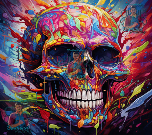 Tête de Mort Vibrante dans une Explosion de Couleurs. (100cm x 90cm). - UnBrunBarbu