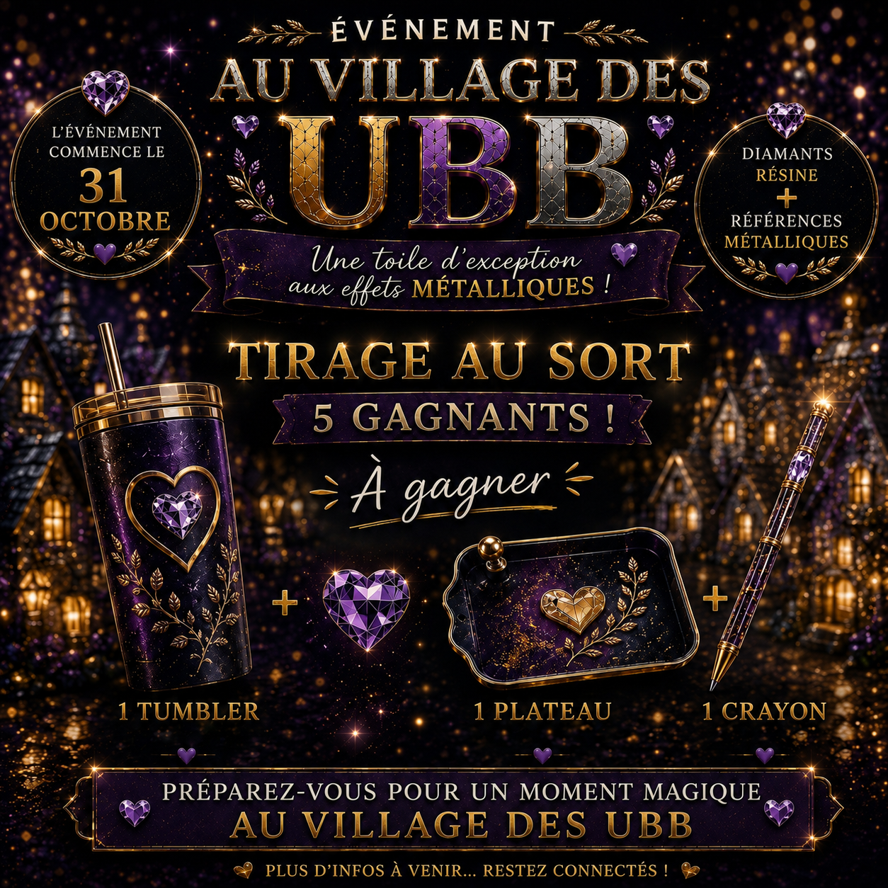 Tirage au sort Au Village des UBB avec cinq gagnants remportant un tumbler, un plateau et un crayon au choix