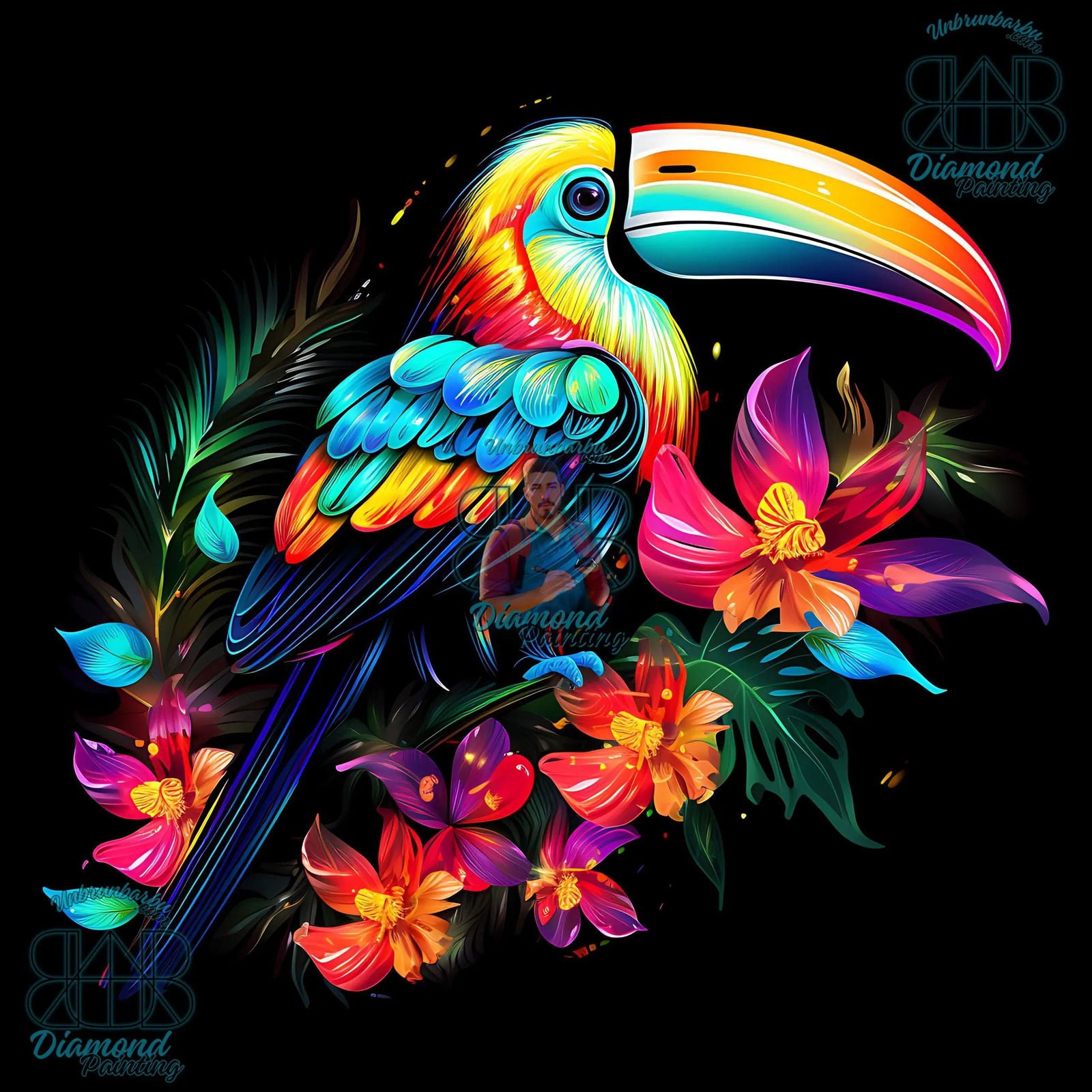 Toucan Éclatant parmi les Fleurs Colorées. (60cm x 60cm). - UnBrunBarbu