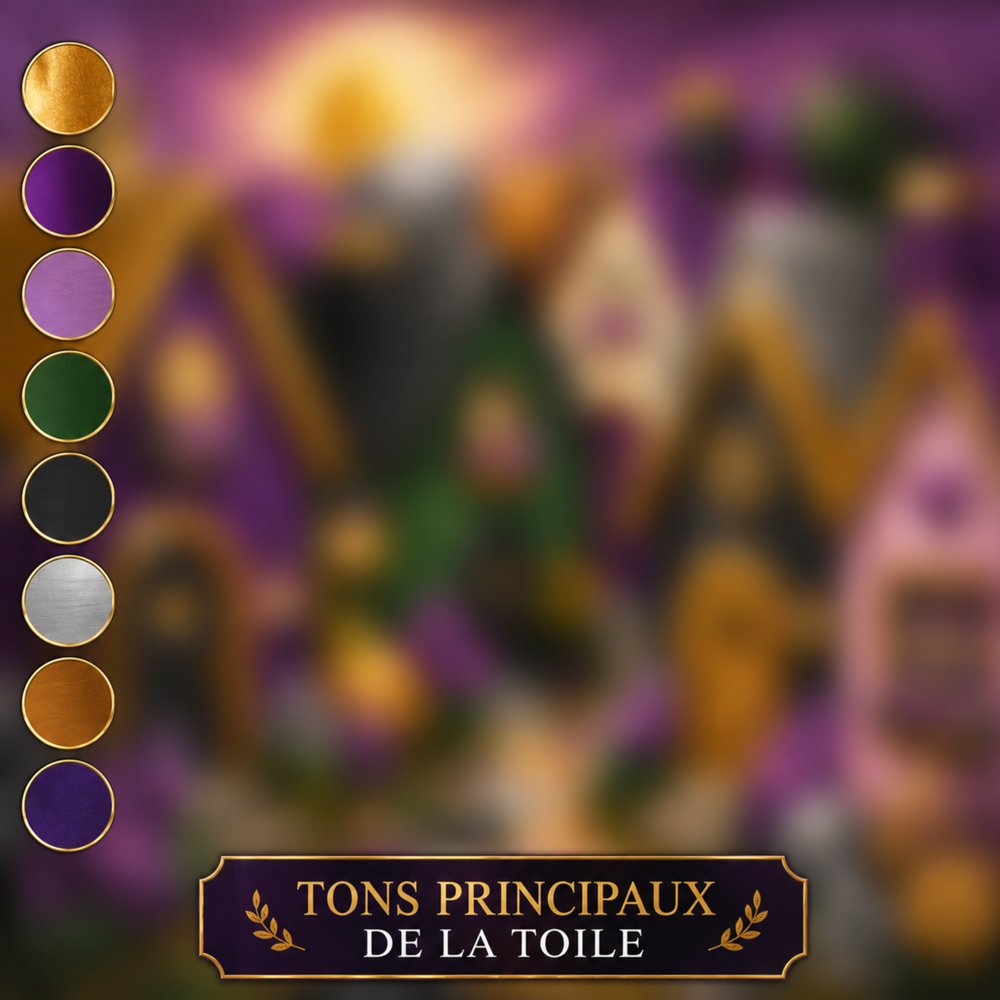 Aperçu flouté de la toile Au Village des UBB avec sa palette principale de violet, or, rose, vert, noir et argent