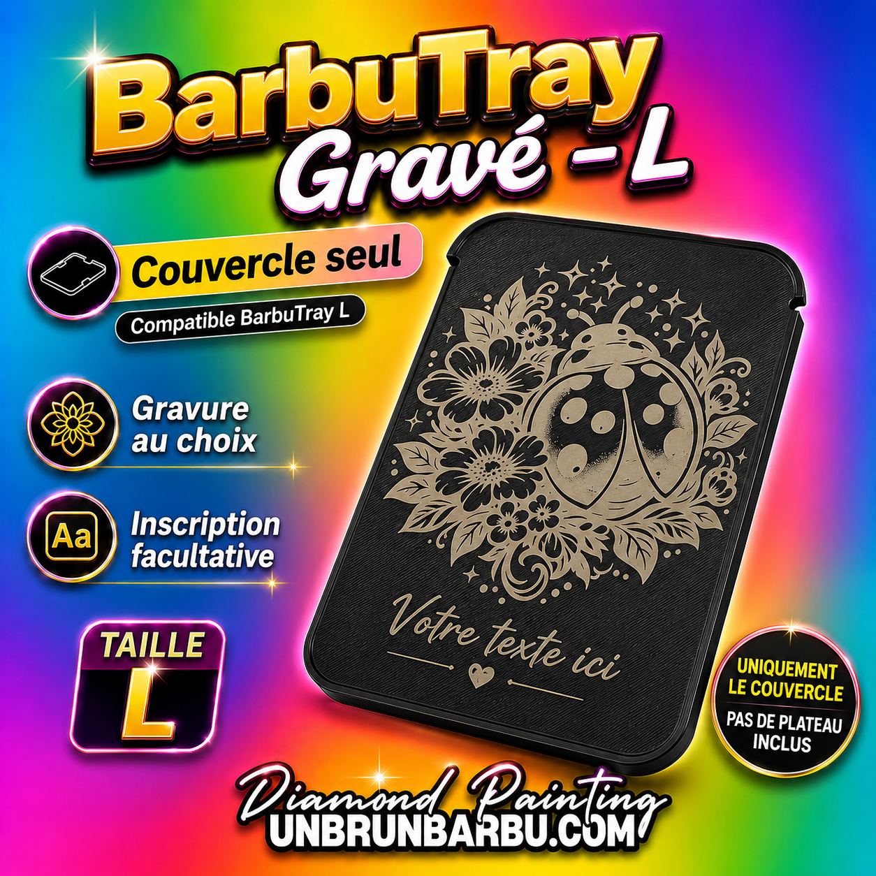 Couvercle BarbuTray Gravé L – Couvercle seul pour plateau Diamond Painting