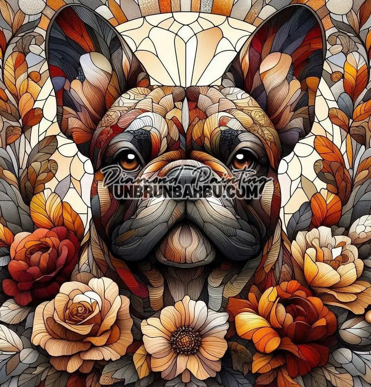Bouledogue français en fleurs d’automne (90cm x 95cm) - UnBrunBarbu