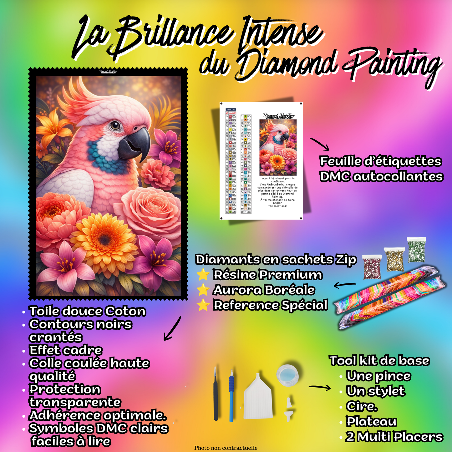 kit complet diamond painting cacatoes mille fleurs 60x90