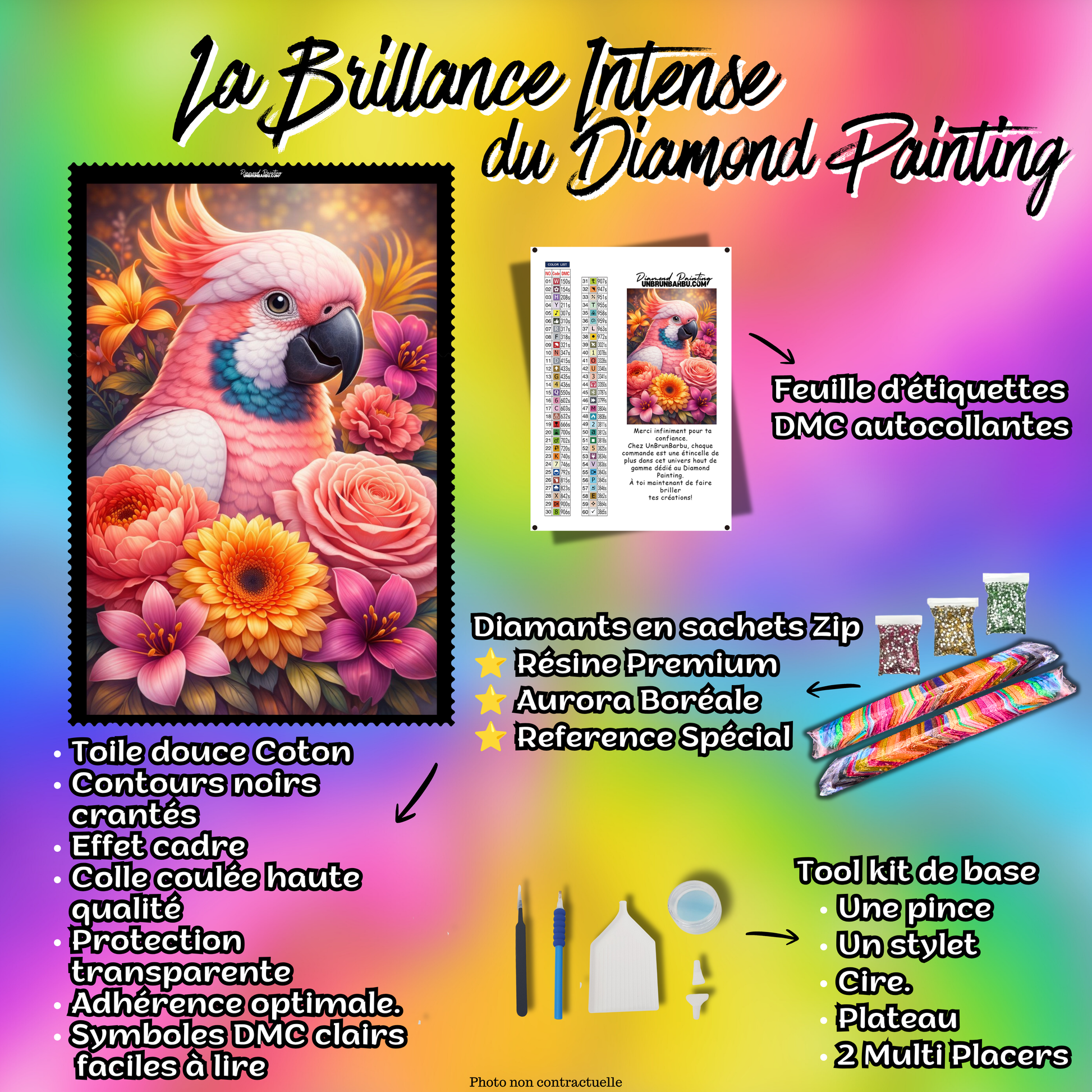 kit complet diamond painting cacatoes mille fleurs 60x90