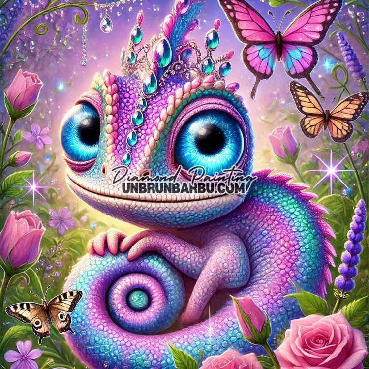Caméléon et le Jardin des Papillons (90cm x 90cm)