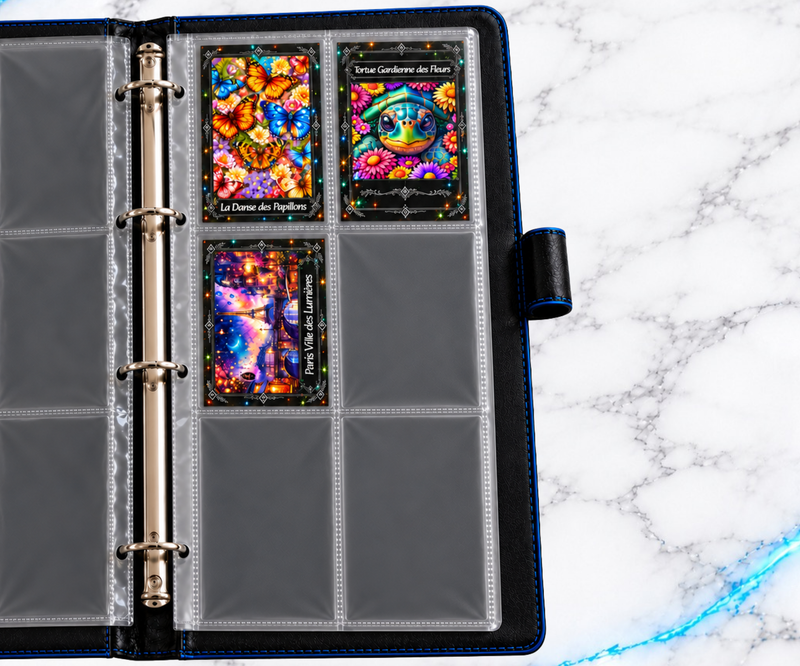Trois cartes de collection Diamond Painting UnBrunBarbu rangées dans un classeur noir et bleu, sur une page de six pochettes transparentes.