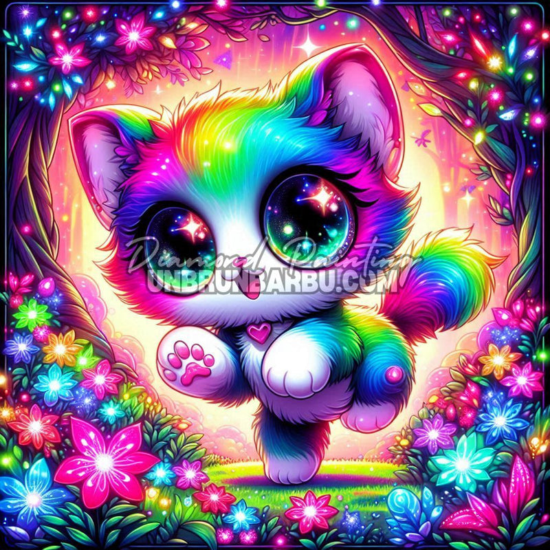 diamond painting chat magique arc en ciel fleurs lumineuses illustration 90x90