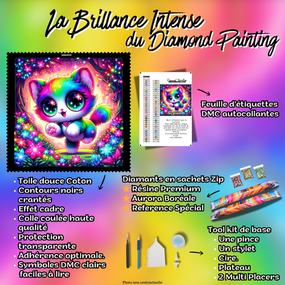 kit diamond painting chat magique arc en ciel fleurs lumineuses 90x90 contenu complet