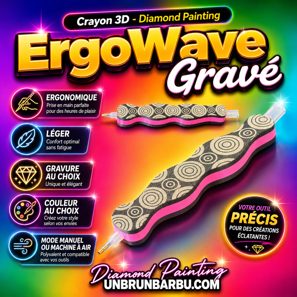 Crayon 3D Diamond Painting ErgoWave gravé ergonomique et personnalisable