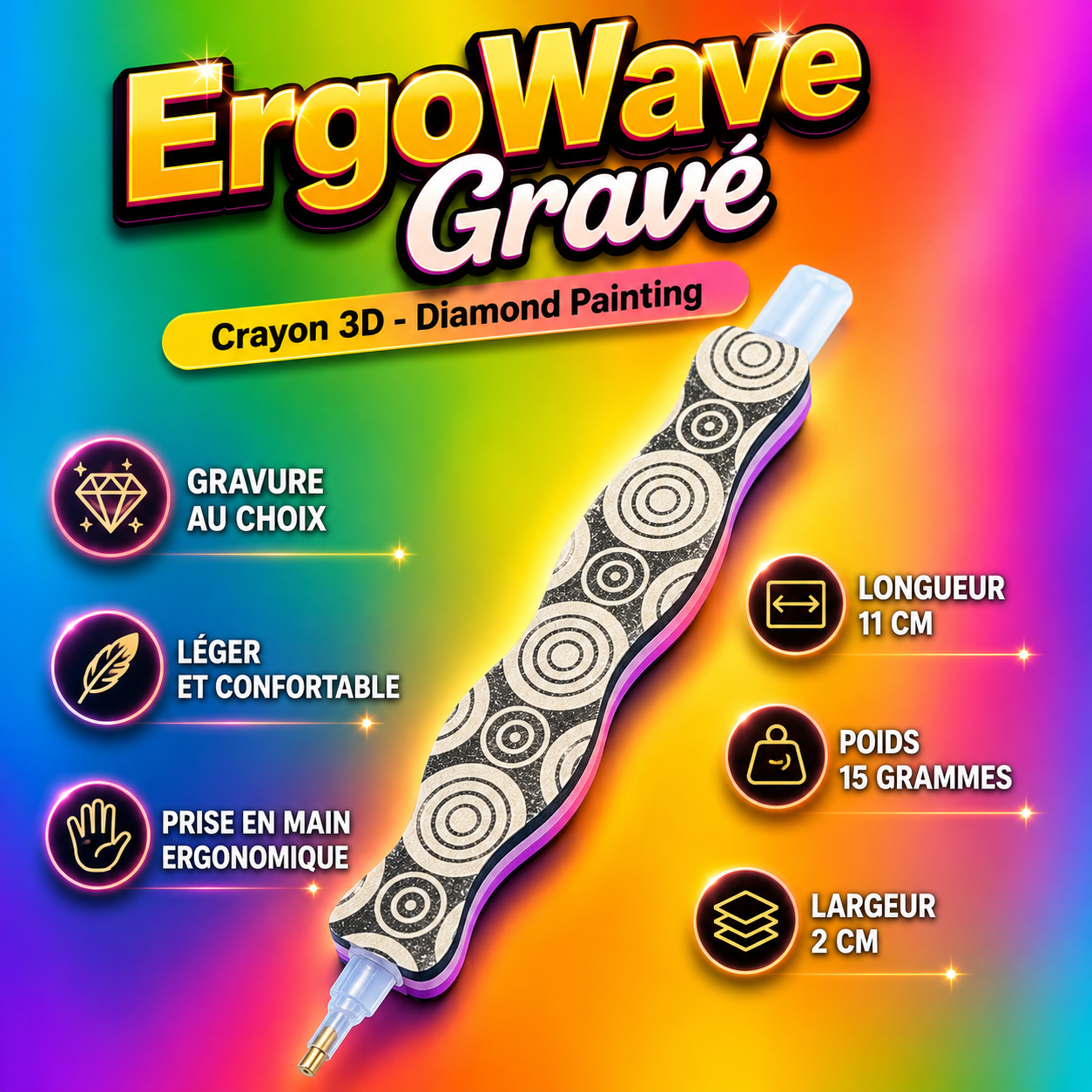 Dimensions et caractéristiques du crayon Diamond Painting ErgoWave gravé