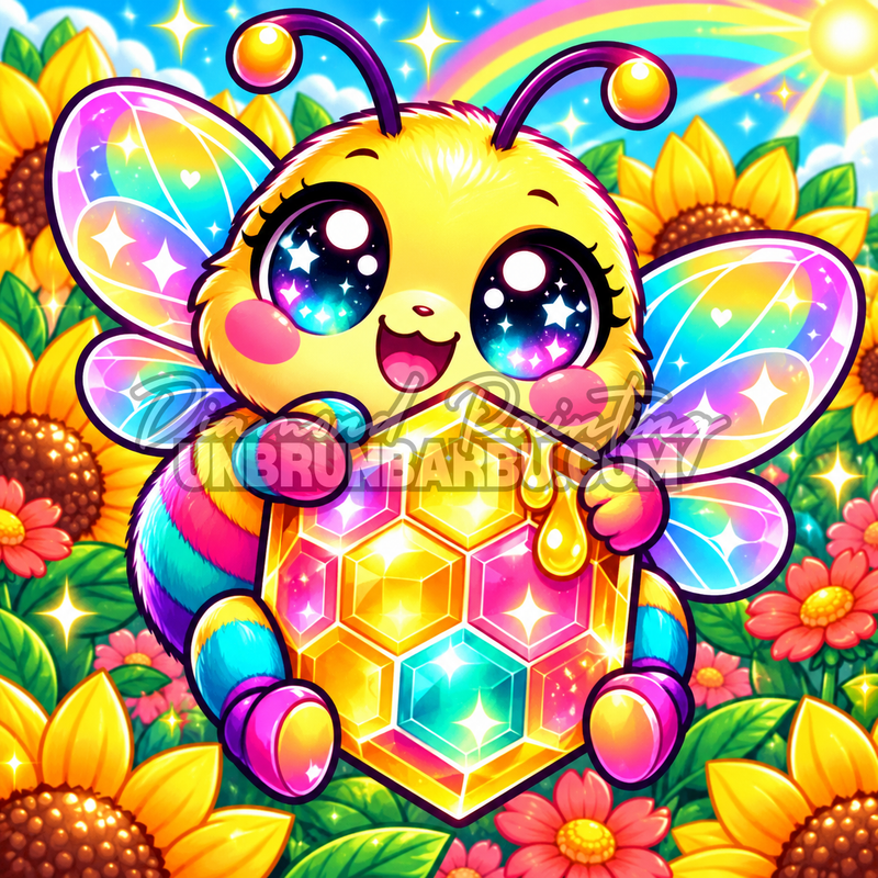 Diamond Painting Abeille au Miel de Cristal 60x60 cm avec ailes arc-en-ciel, tournesols et rayon colore