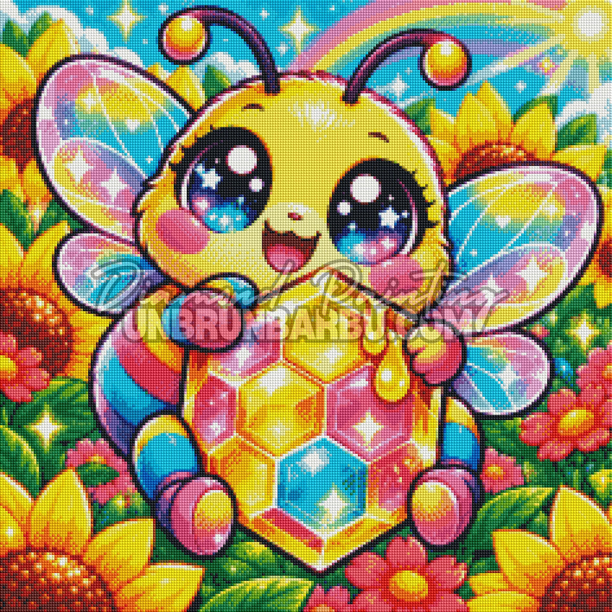 Rendu en Cristaux du Diamond Painting Abeille au Miel de Cristal 60x60 cm avec alveoles et ailes multicolores