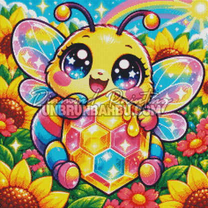 Rendu en Cristaux du Diamond Painting Abeille au Miel de Cristal 60x60 cm avec alveoles et ailes multicolores