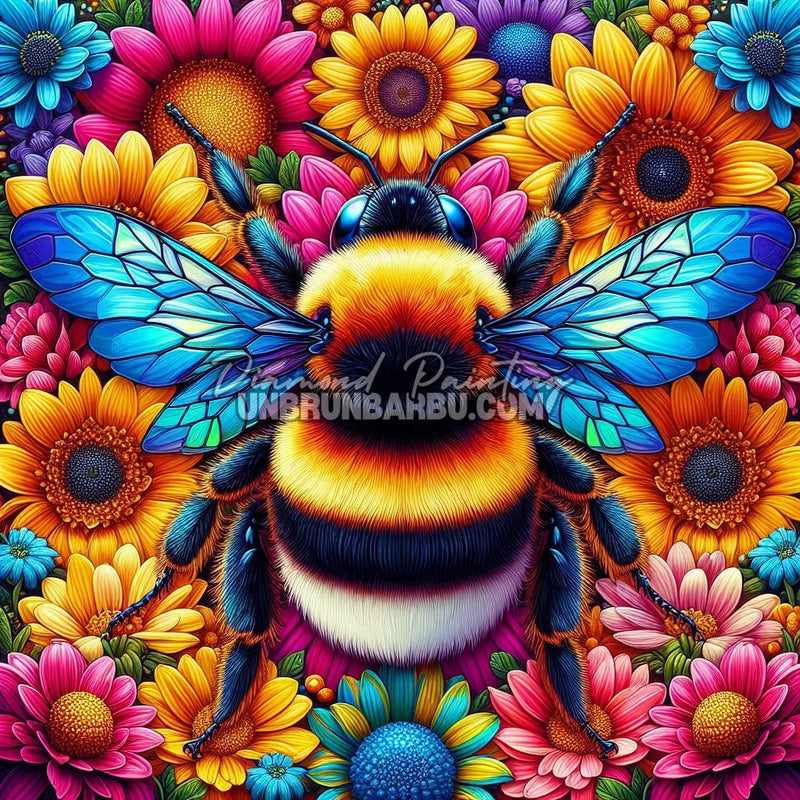 illustration diamond painting abeille fleurs colorees ailes bleues