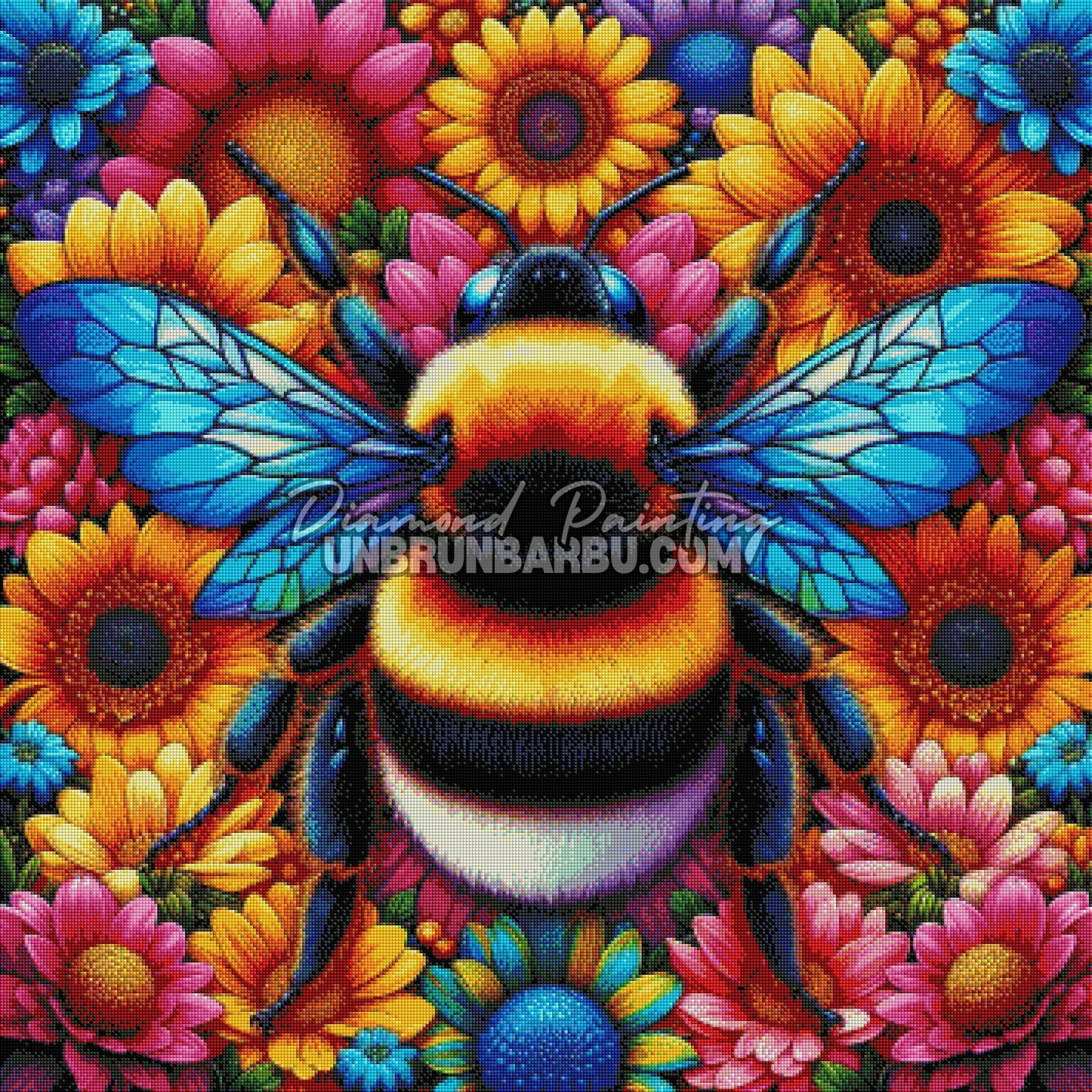 rendu diamond painting abeille fleurs multicolores effet lumineux