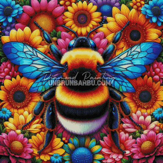 rendu diamond painting abeille fleurs multicolores effet lumineux