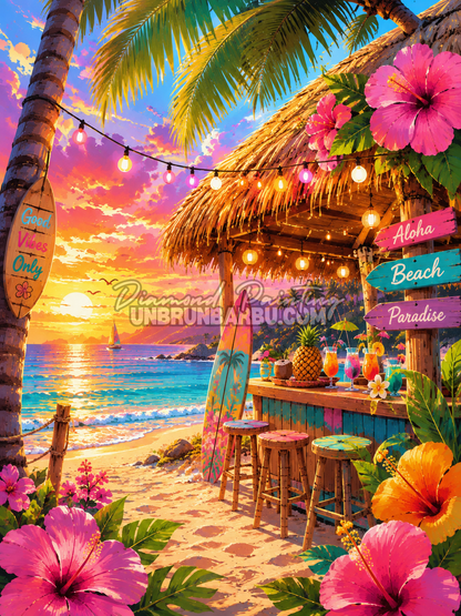 Diamond Painting Aloha au Bord de l Eau 90x120 cm avec paillote tropicale hibiscus et coucher de soleil