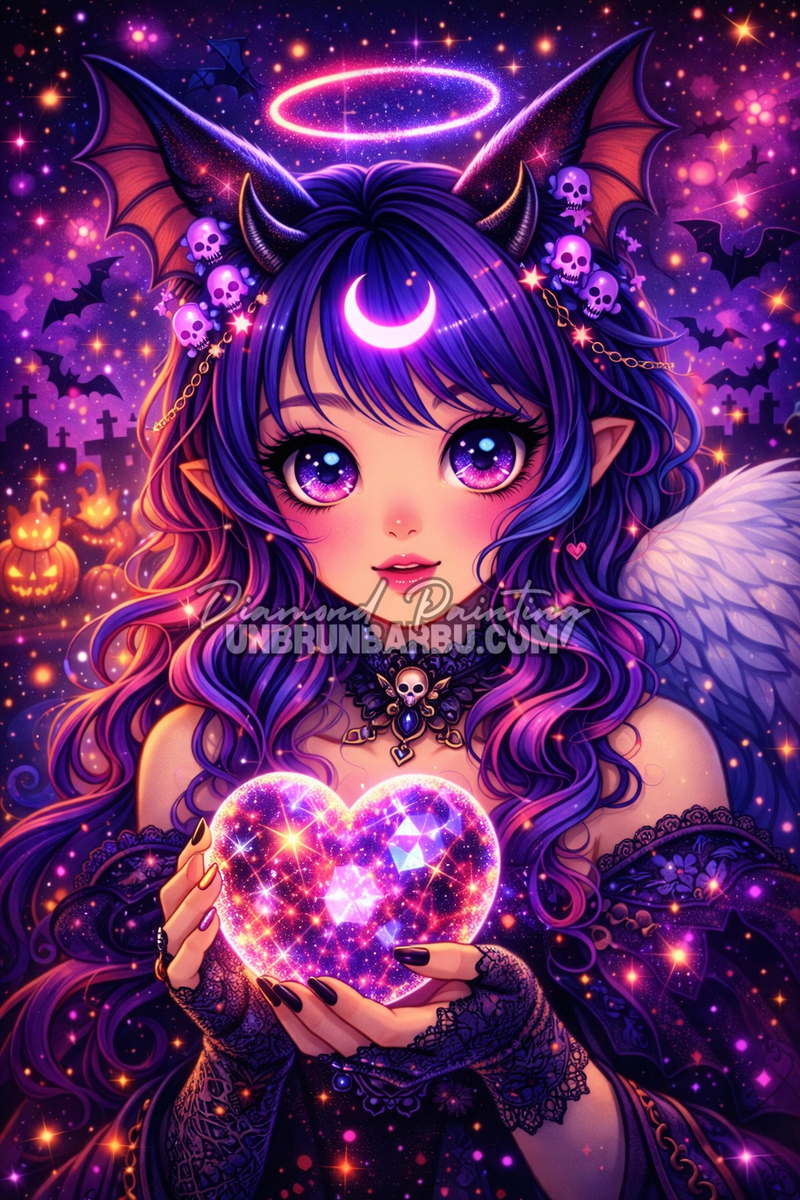 illustration diamond painting ange demon galaxie kawaii