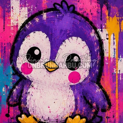 Diamond Painting petit pingouin violet aux joues roses 30x30 cm du kit Animaux N°5