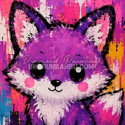 Diamond Painting petit renard violet et blanc sur fond coloré 30x30 cm du kit Animaux N°5