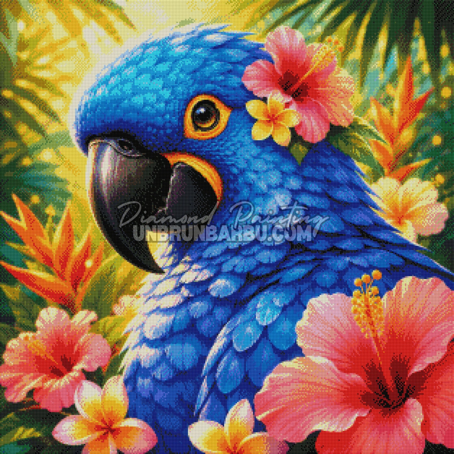 Rendu diamante du Diamond Painting Ara Bleu Fleurs Exotiques 80x80 cm avec plumage cobalt