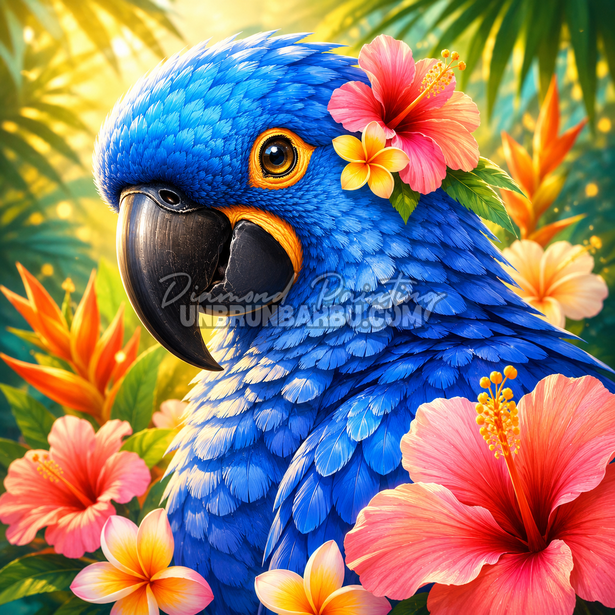 Diamond Painting Ara Bleu Fleurs Exotiques 80x80 cm avec hibiscus roses et jardin tropical