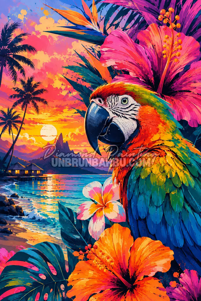 Diamond Painting Ara Gardien du Lagon 80x120 cm avec perroquet multicolore, hibiscus et coucher de soleil tropical