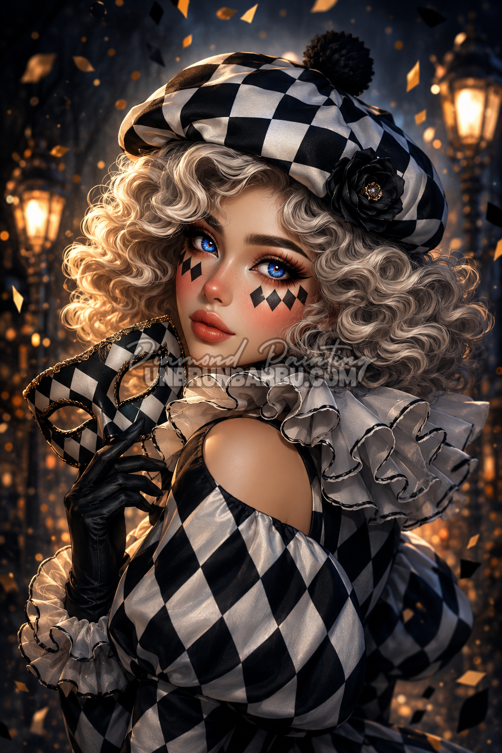Diamond Painting L’Arlequine au Masque Noir 70x105 cm avec costume à losanges noir et blanc et masque assorti
