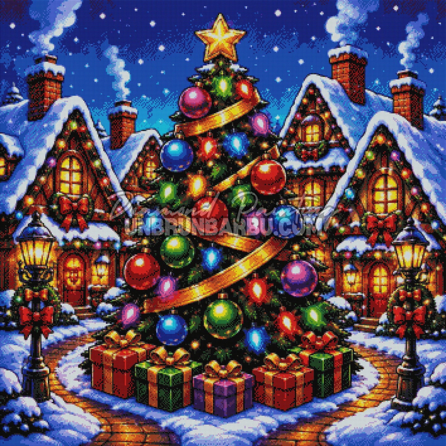 Rendu diamanté du Diamond Painting Au Cœur du Village de Noël 90x90 cm avec sapin, chalets enneigés et lumières