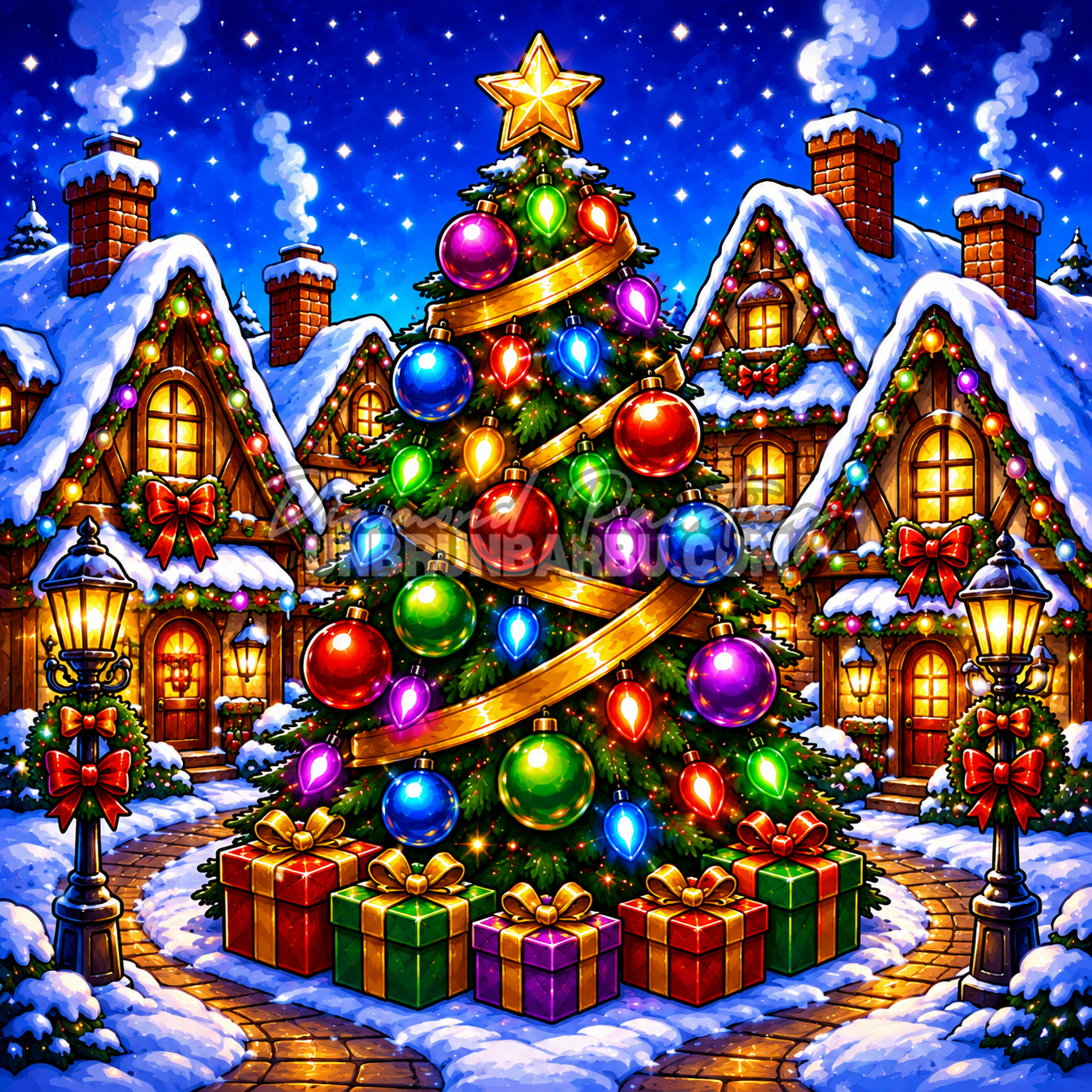 Diamond Painting Au Cœur du Village de Noël 90x90 cm avec grand sapin illuminé, chalets enneigés, lanternes et cadeaux