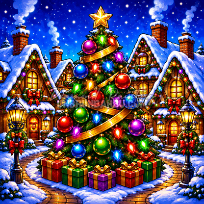 Diamond Painting Au Cœur du Village de Noël 90x90 cm avec grand sapin illuminé, chalets enneigés, lanternes et cadeaux