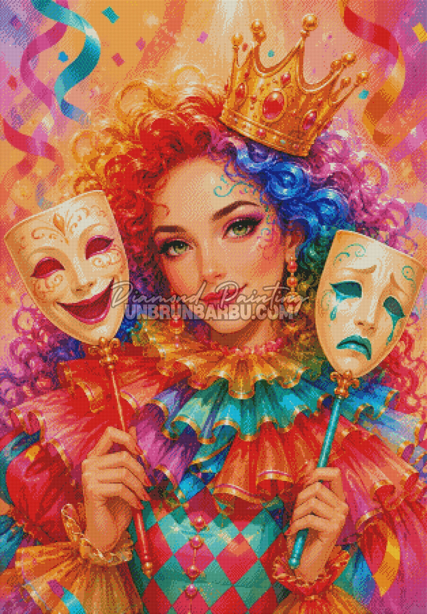 Rendu diamante du Diamond Painting Au Theatre des Emotions 80x115 cm avec couronne et cheveux arc en ciel