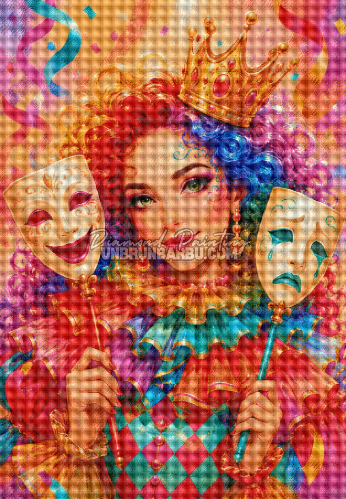Rendu diamante du Diamond Painting Au Theatre des Emotions 80x115 cm avec couronne et cheveux arc en ciel
