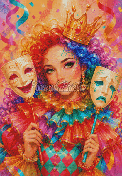 Rendu diamante du Diamond Painting Au Theatre des Emotions 80x115 cm avec couronne et cheveux arc en ciel