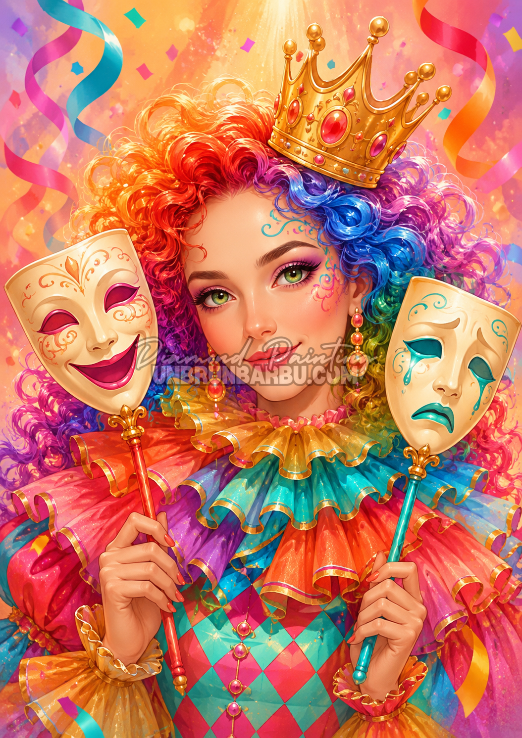 Diamond Painting Au Theatre des Emotions 80x115 cm avec reine coloree et masques de comedie et tragedie